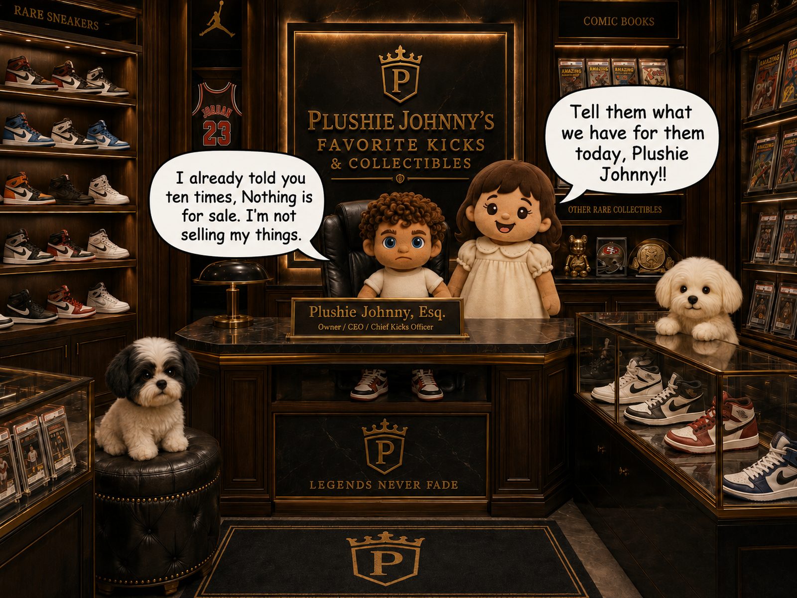 Plushie Johnny and Plushie Donna behind the counter of Plushie Johnny's Favorite Kicks & Collectibles, shelves of rare sneakers and graded comics around them.